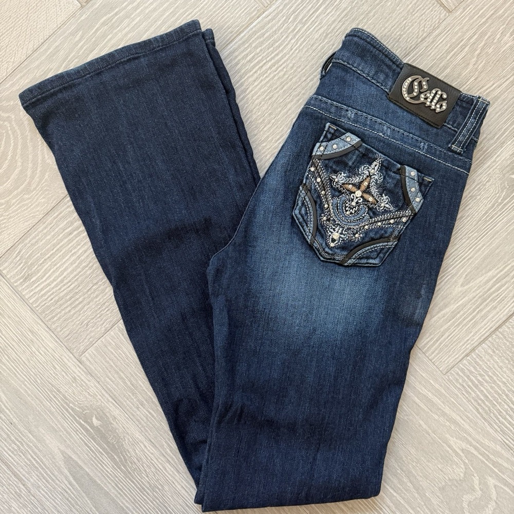 Cello Women's Denim Blue Jeans Embellished Sequin Size 11 Flare Leg Dark Wash